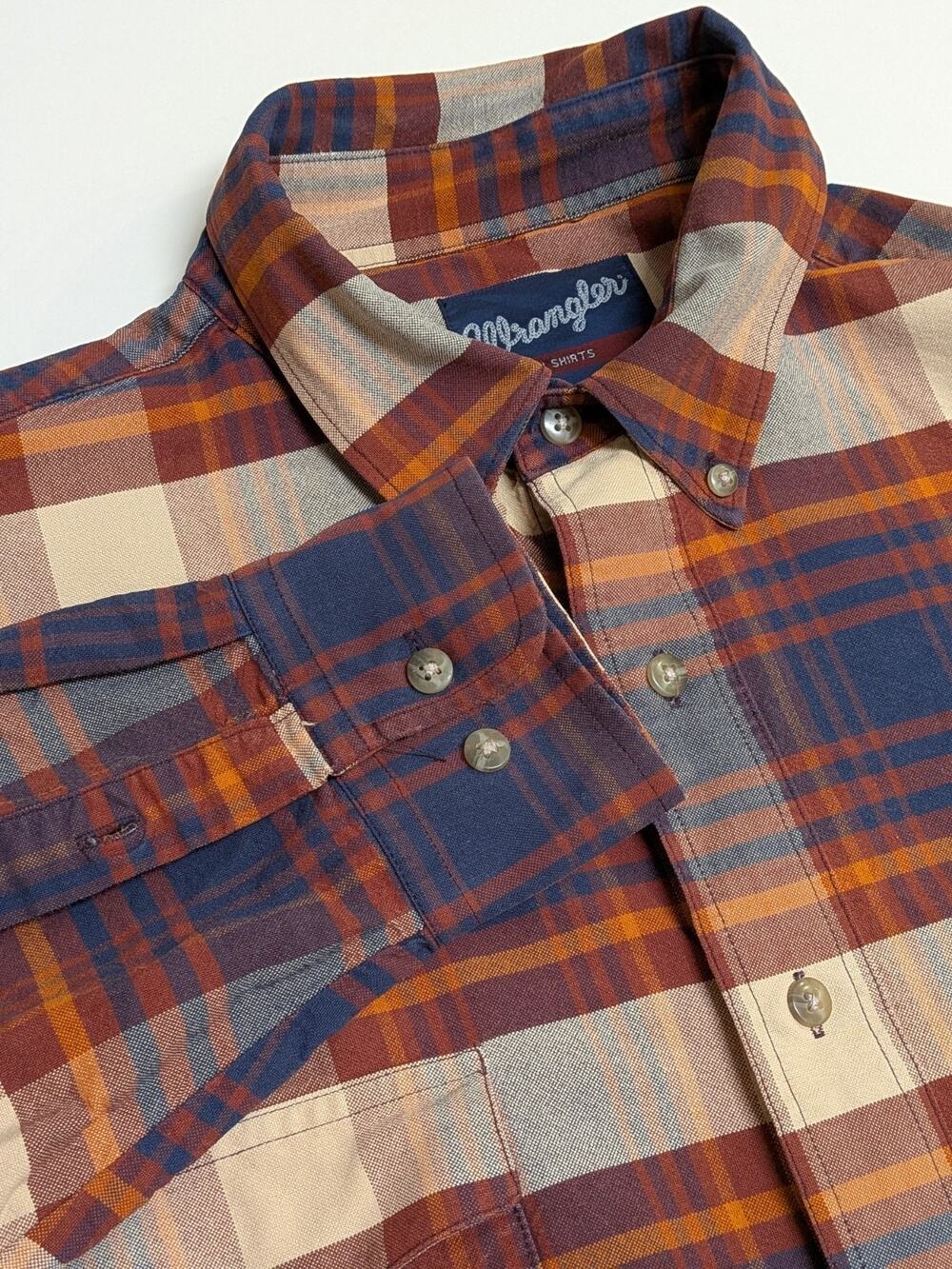 VTG Wrangler Twill Shirt XL Brown Orange Brush Cowboy Plaid Mens